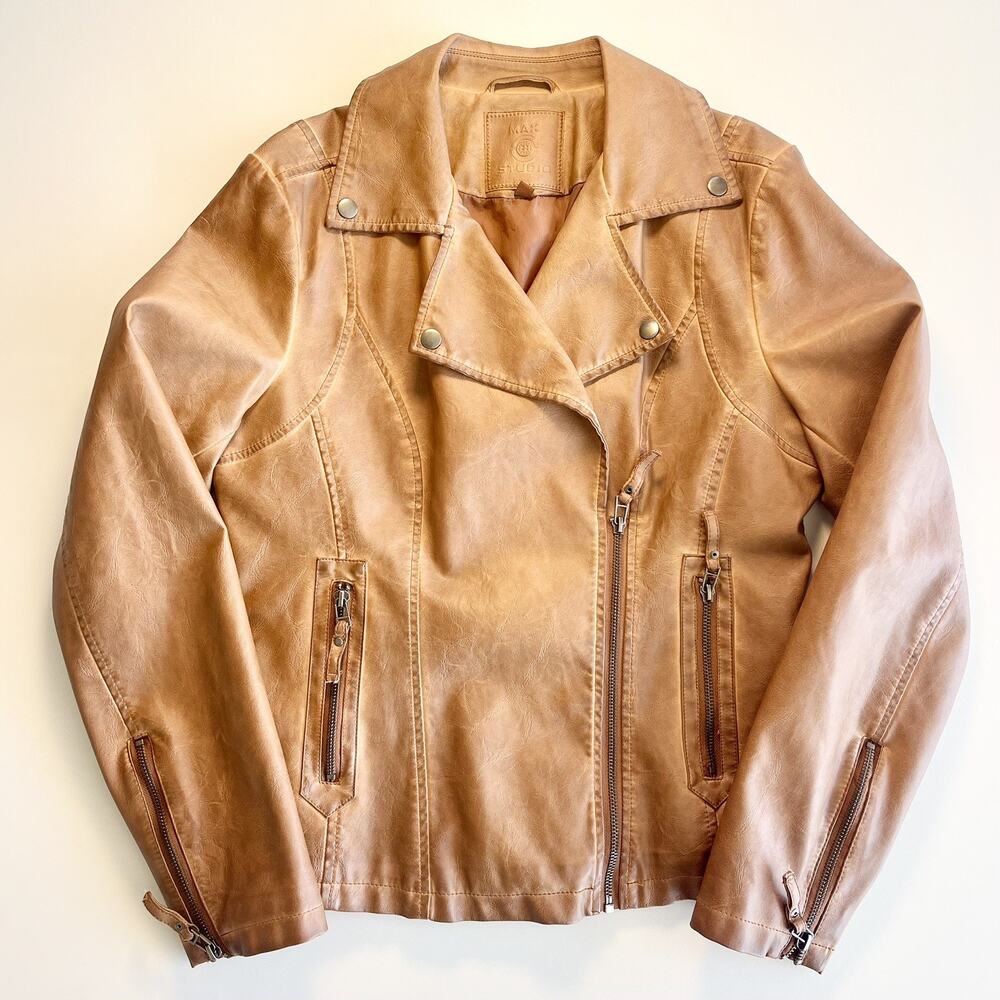 MAX STUDIO BROWN DISTRESSED FAUX LEATHER MOTO JACKET MEDIUM